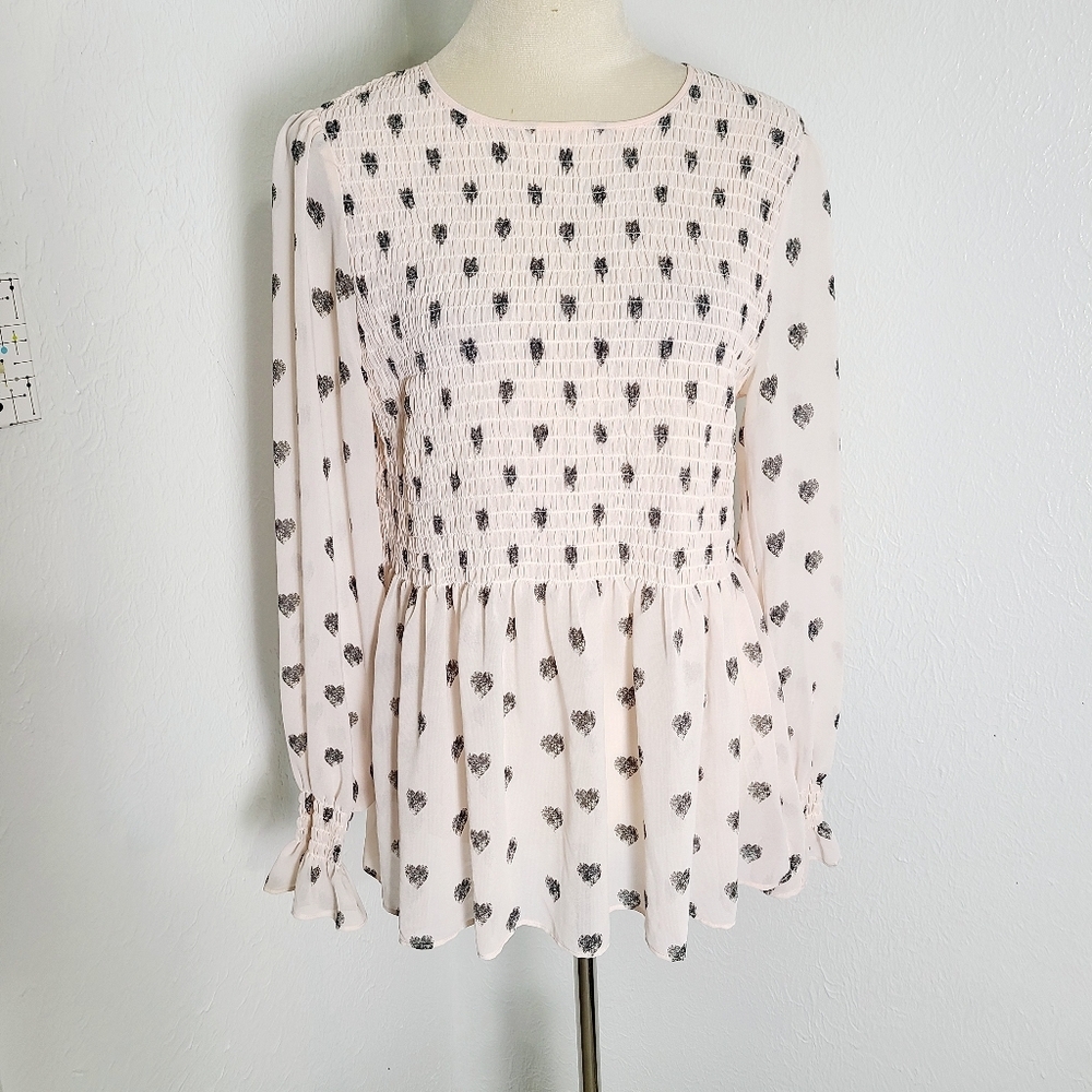 Rose & Olive Pale Pink Smocked Bohemian Top with Black Hearts, Size Large